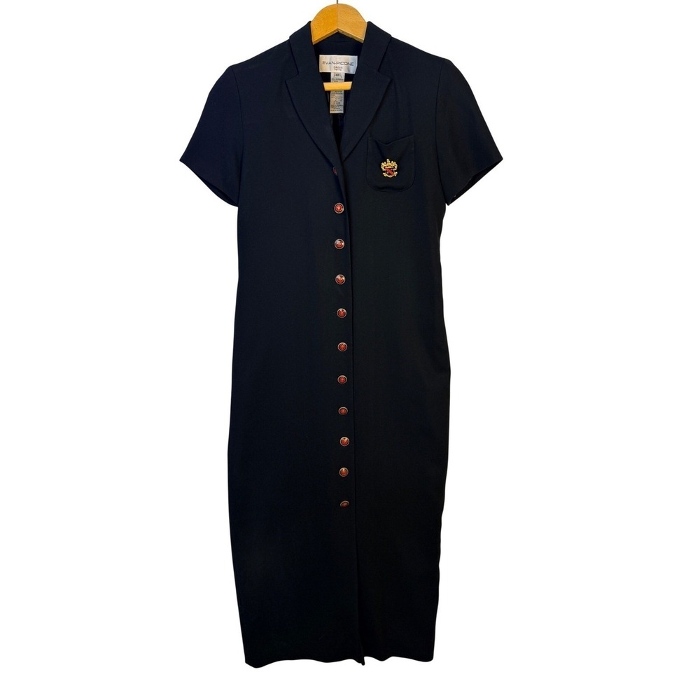Evan Picone Petite Black Button Front Maxi Dress Short Sleeve Lined Crest 6P